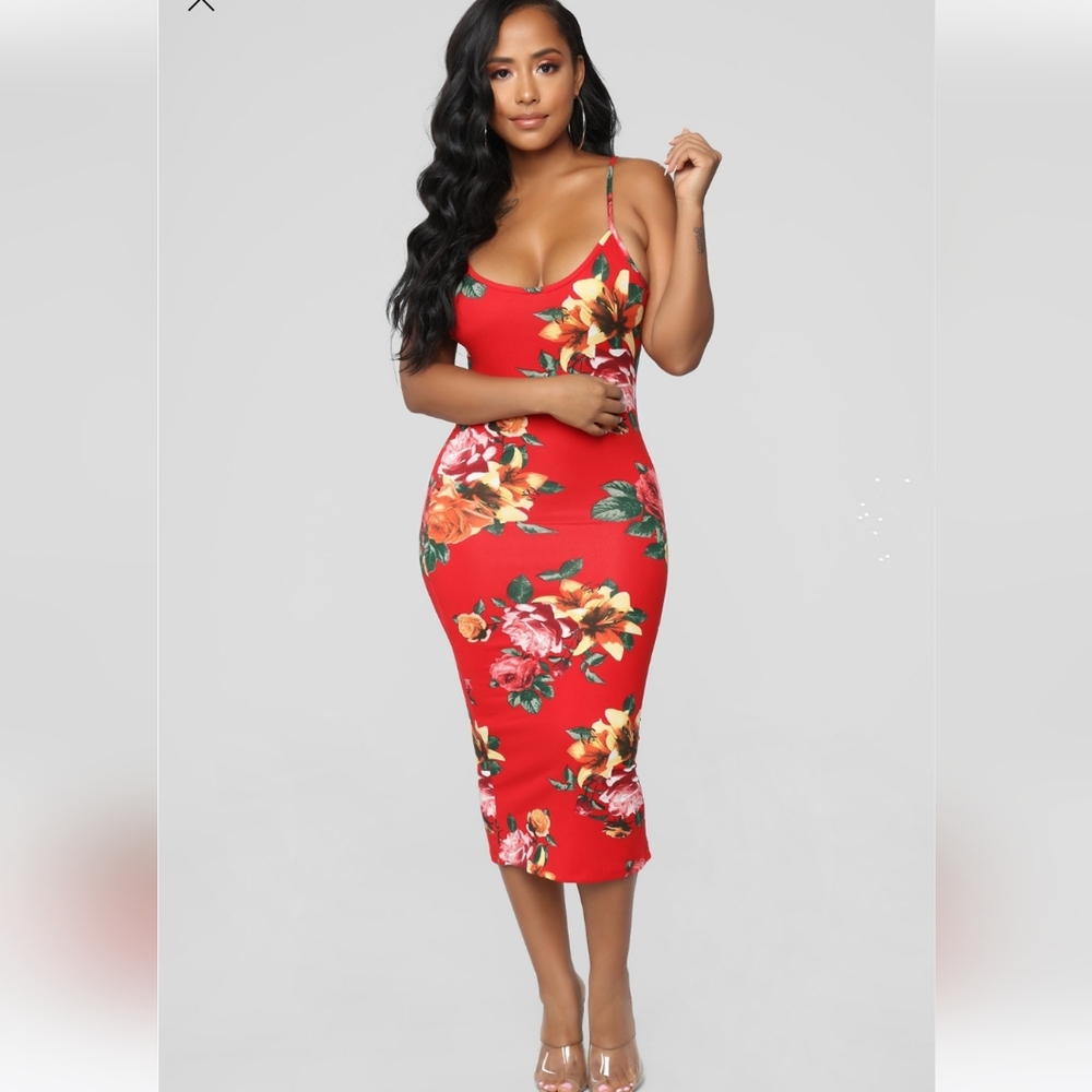 Fashion Nova Red Floral Bodycon Midi Dress